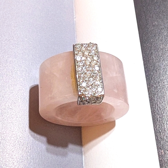 Vintage Myanmar Pink Jadeite Ring with CZ Accents - Picture 7 of 8